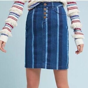 Maeve Anthropologie Size 6 Striped‎ Blue Pencil Skirt Button Fly Denim Washed